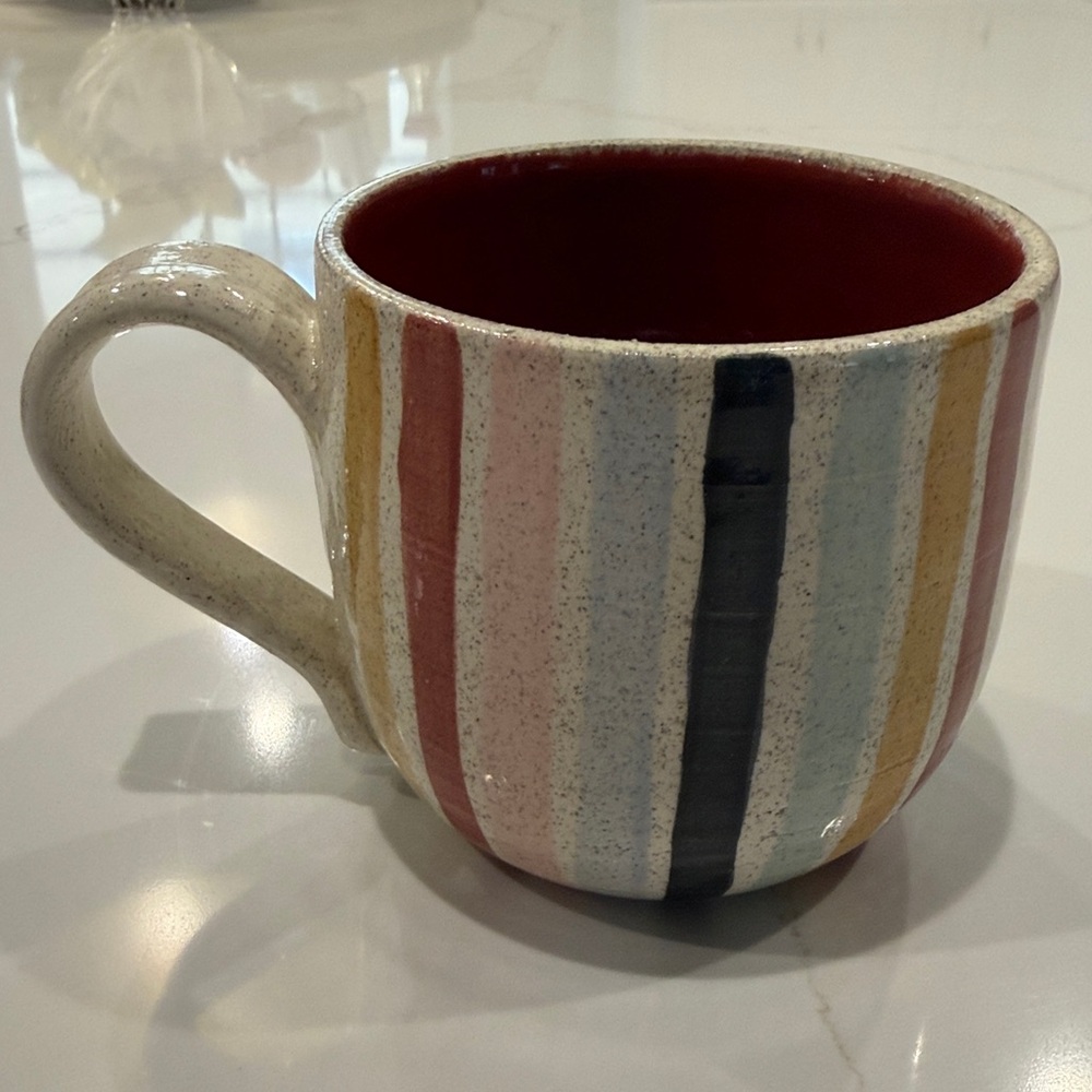 Hand Thrown, Multi-Color Striped Ceramic Coffee Mug with Red Glaze Interior